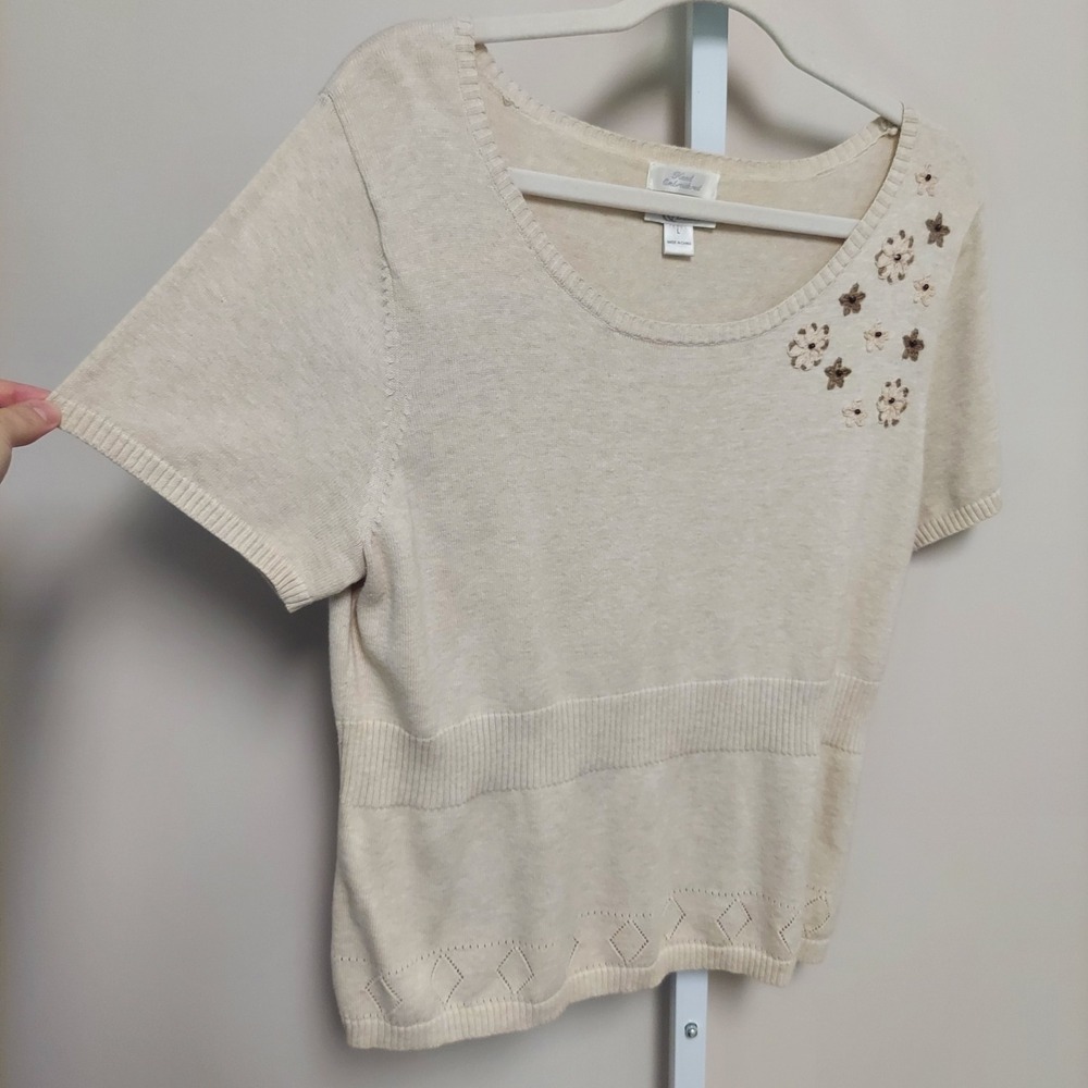 Christopher Banks Floral Hand Embroidered‎ Knit Sweater TShirt L Cottagecore